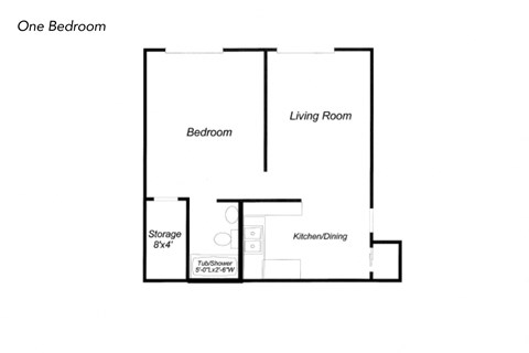 Floor plan for 1 bed, 1 bath, 600 sqft
